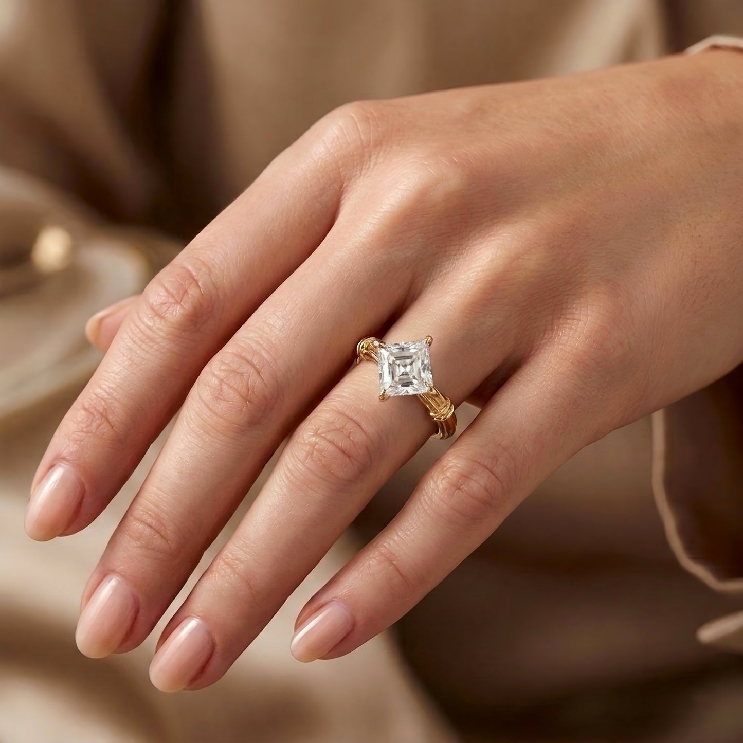 The Livia | Asscher Cut Diamond Ring with Fluted Band (18K Gold)