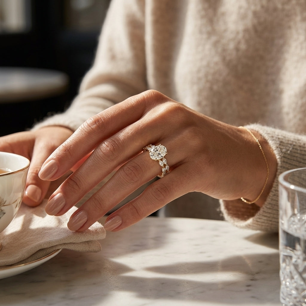 The Sylvia | Oval Cut Diamond Ring with Marquise Vine Band (18K Gold)