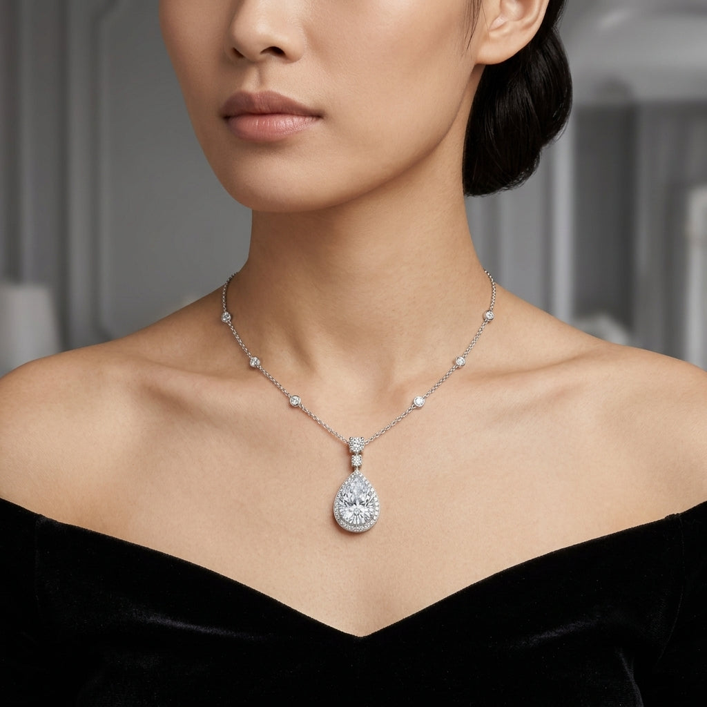 The Josephine | Pear Cut Halo Lab-Grown Diamond Station Necklace
