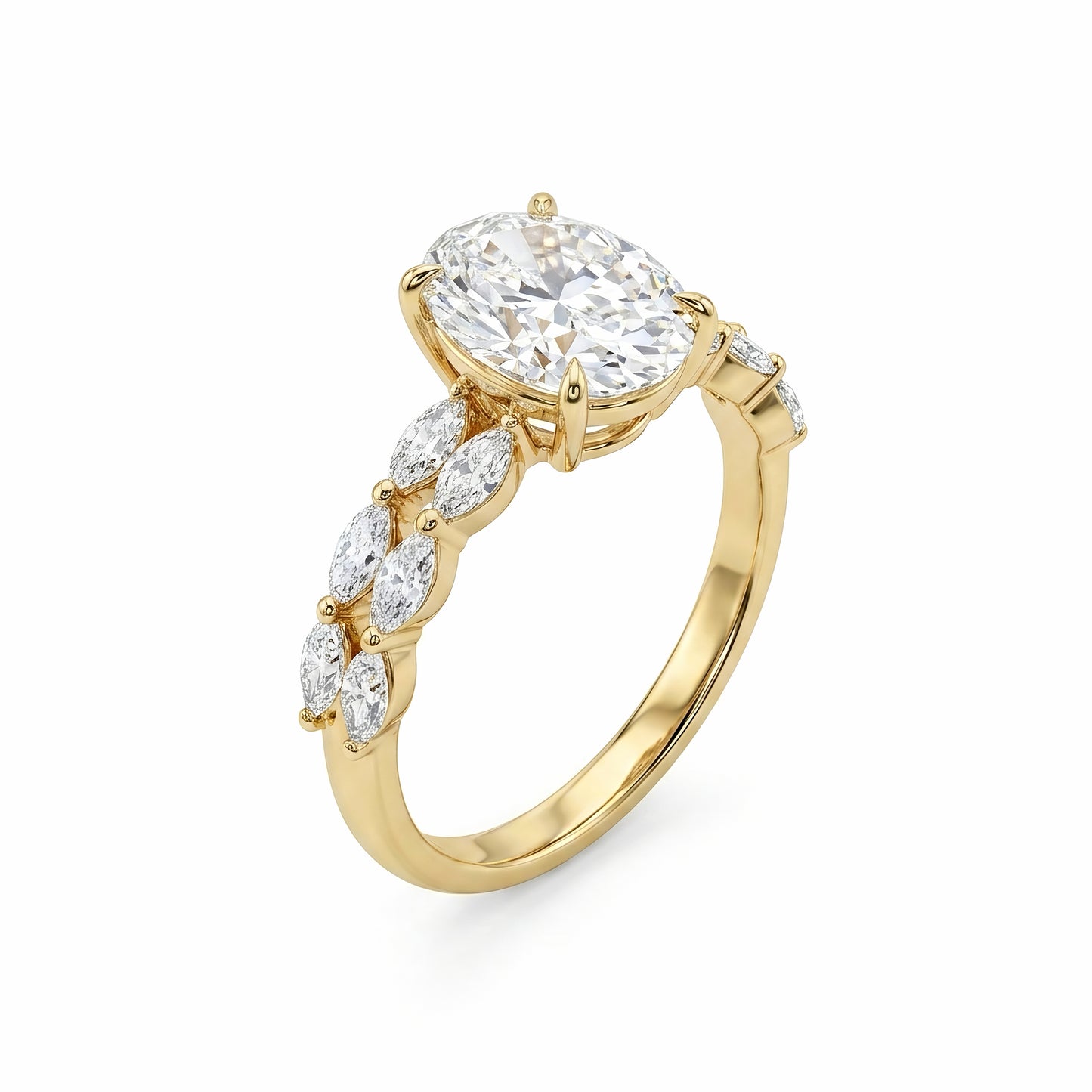 The Sylvia | Oval Cut Diamond Ring with Marquise Vine Band (18K Gold)