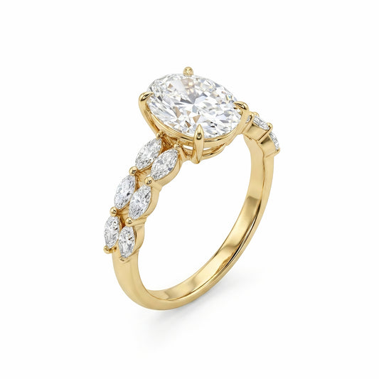 The Sylvia | Oval Cut Diamond Ring with Marquise Vine Band (18K Gold)